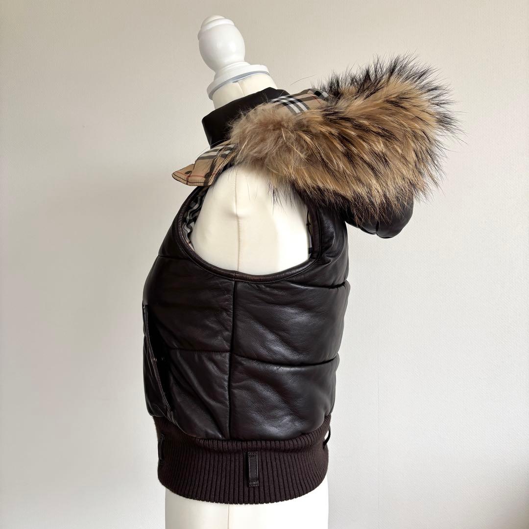 バーバリーブルーレーベル 羊革 ラムレザー ダウンベスト 38 ノバチェック