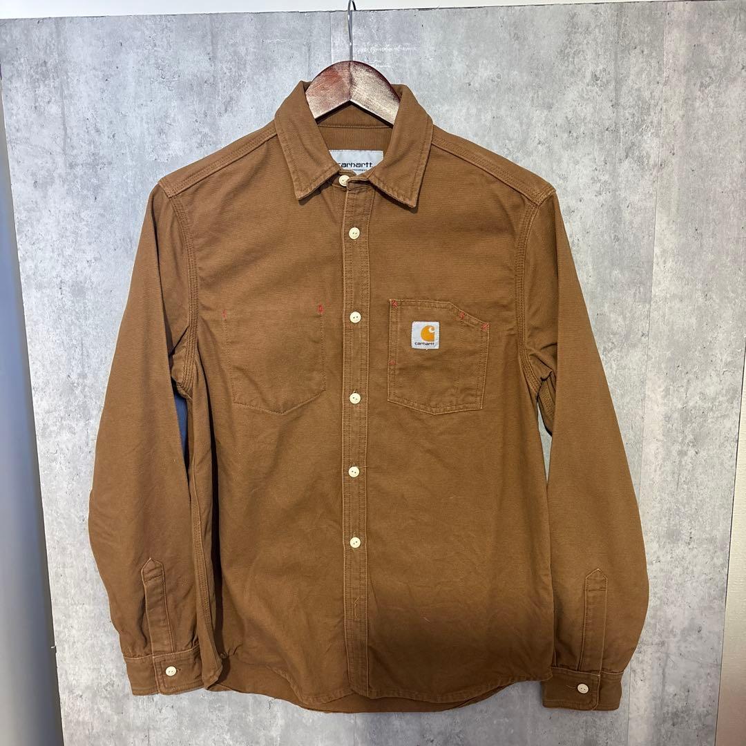 【希少デザイン】carhartt メンズ　ワークシャツ　ブラウン　サイズS