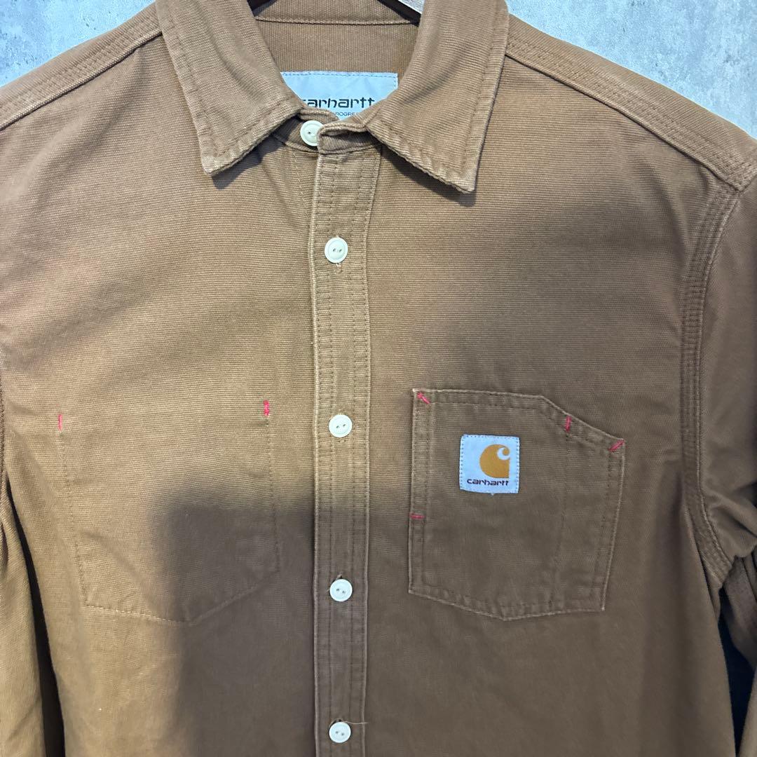【希少デザイン】carhartt メンズ　ワークシャツ　ブラウン　サイズS