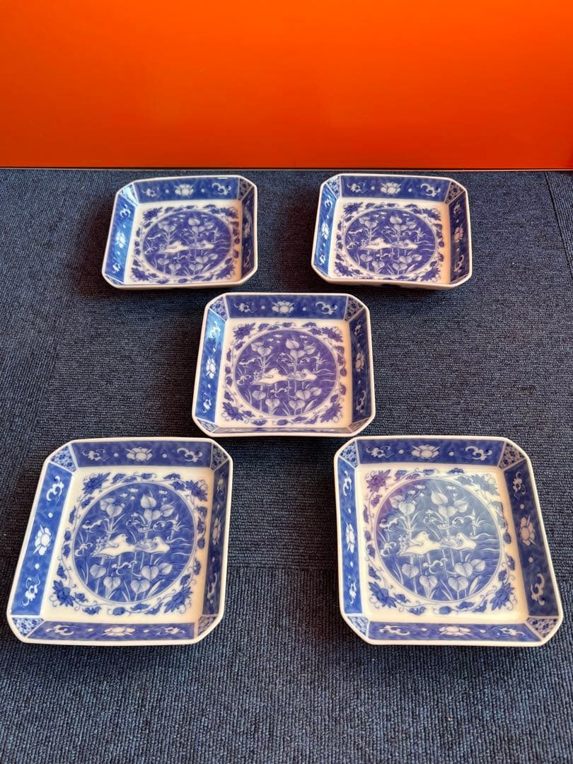 1039  深川製磁　時代物　角皿セット 染付オシドリ  5客　古美術品　未使用