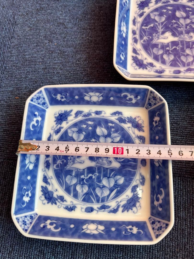 1039  深川製磁　時代物　角皿セット 染付オシドリ  5客　古美術品　未使用