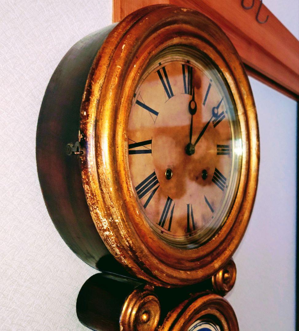 〈完動美品〉米国E.INGRAHAM　金箔押本四ツ丸達磨型ゼンマイ振り子掛け時計