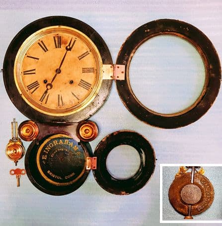 〈完動美品〉米国E.INGRAHAM　金箔押本四ツ丸達磨型ゼンマイ振り子掛け時計