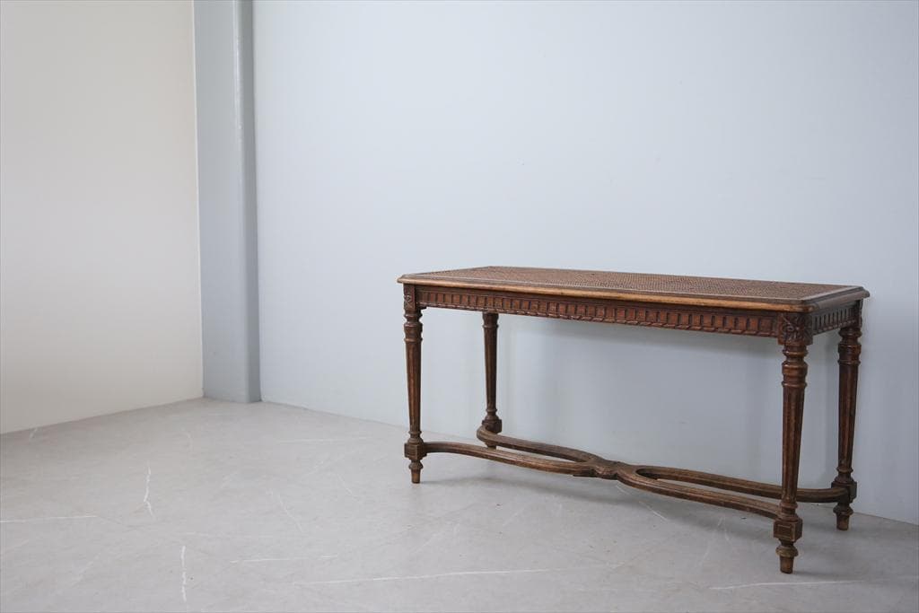 フランスアンティーク木製ベンチスツール/長椅子イス/腰掛け/籐ラタン90-144