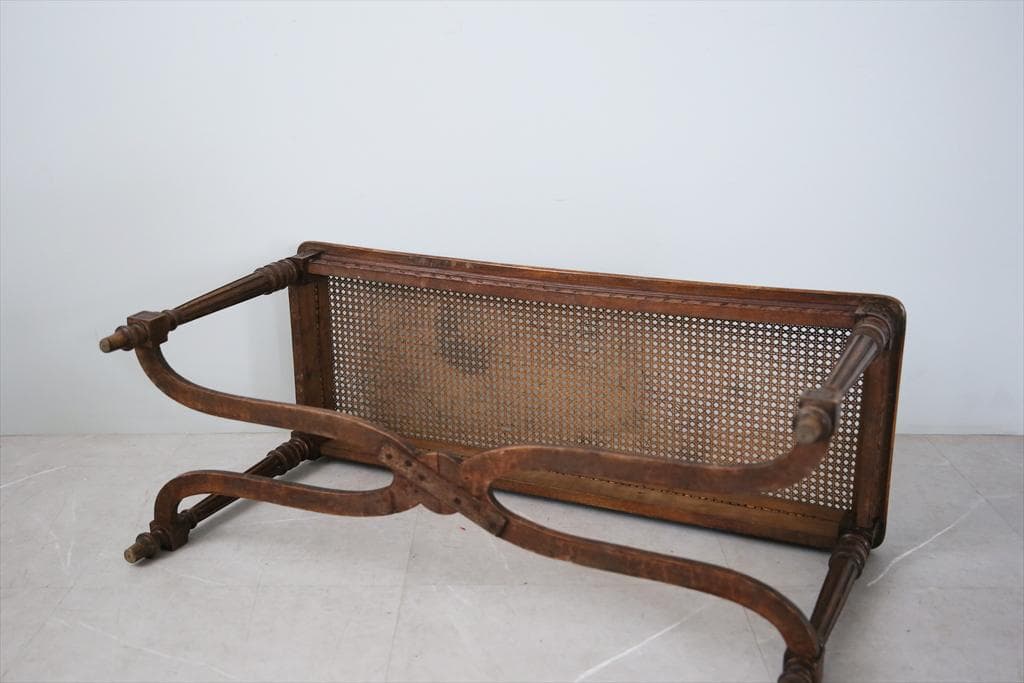 フランスアンティーク木製ベンチスツール/長椅子イス/腰掛け/籐ラタン90-144