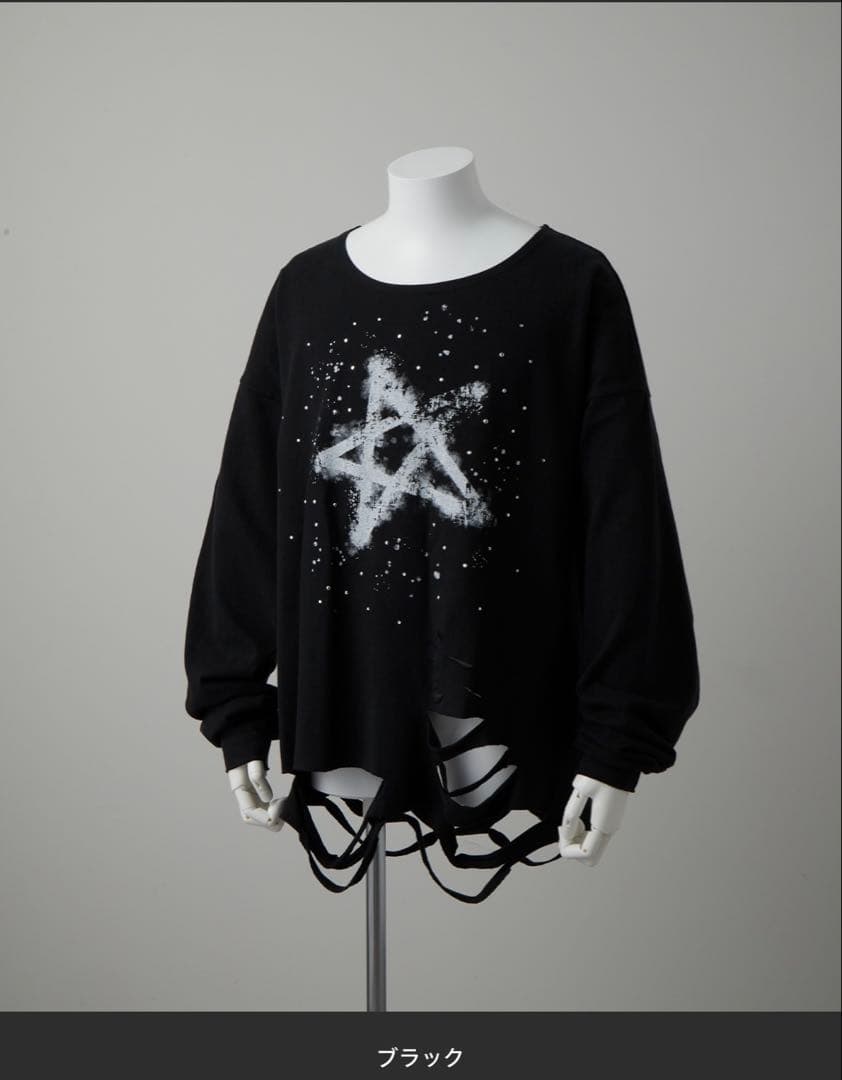 【GRANCY】ラインストーンデザイン グラフィックダメージ ロンT Lサイズ黒