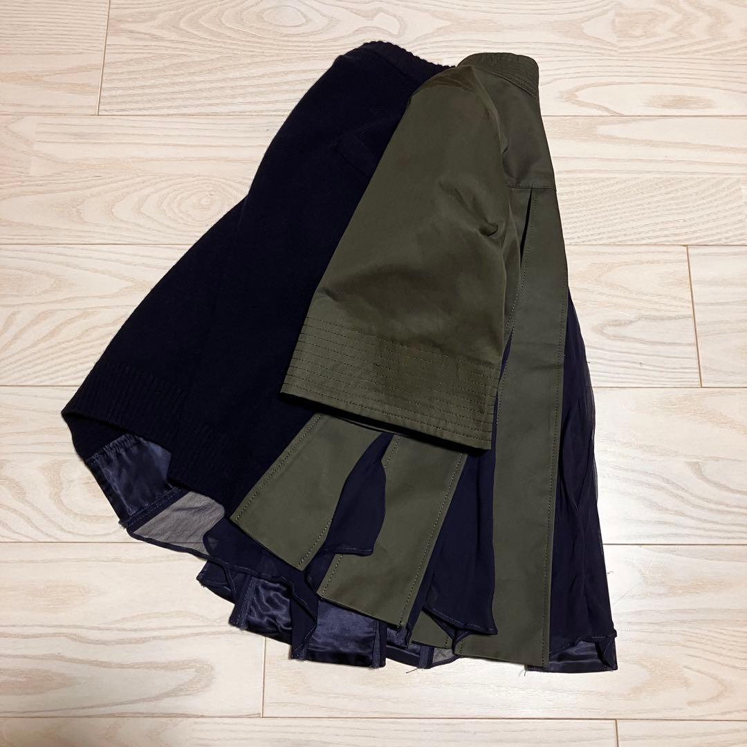 sacai バックプリーツ　異素材　半袖　プルオーバー　ウール　シルク　シフォン