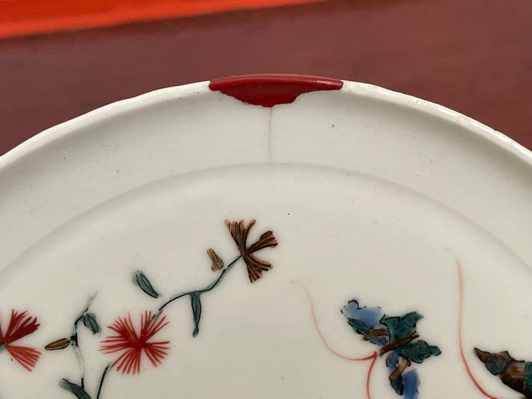 #2 骨董　アンティーク　色絵古九谷　撫子蝶々図　丸皿　五寸皿　角福　古九谷