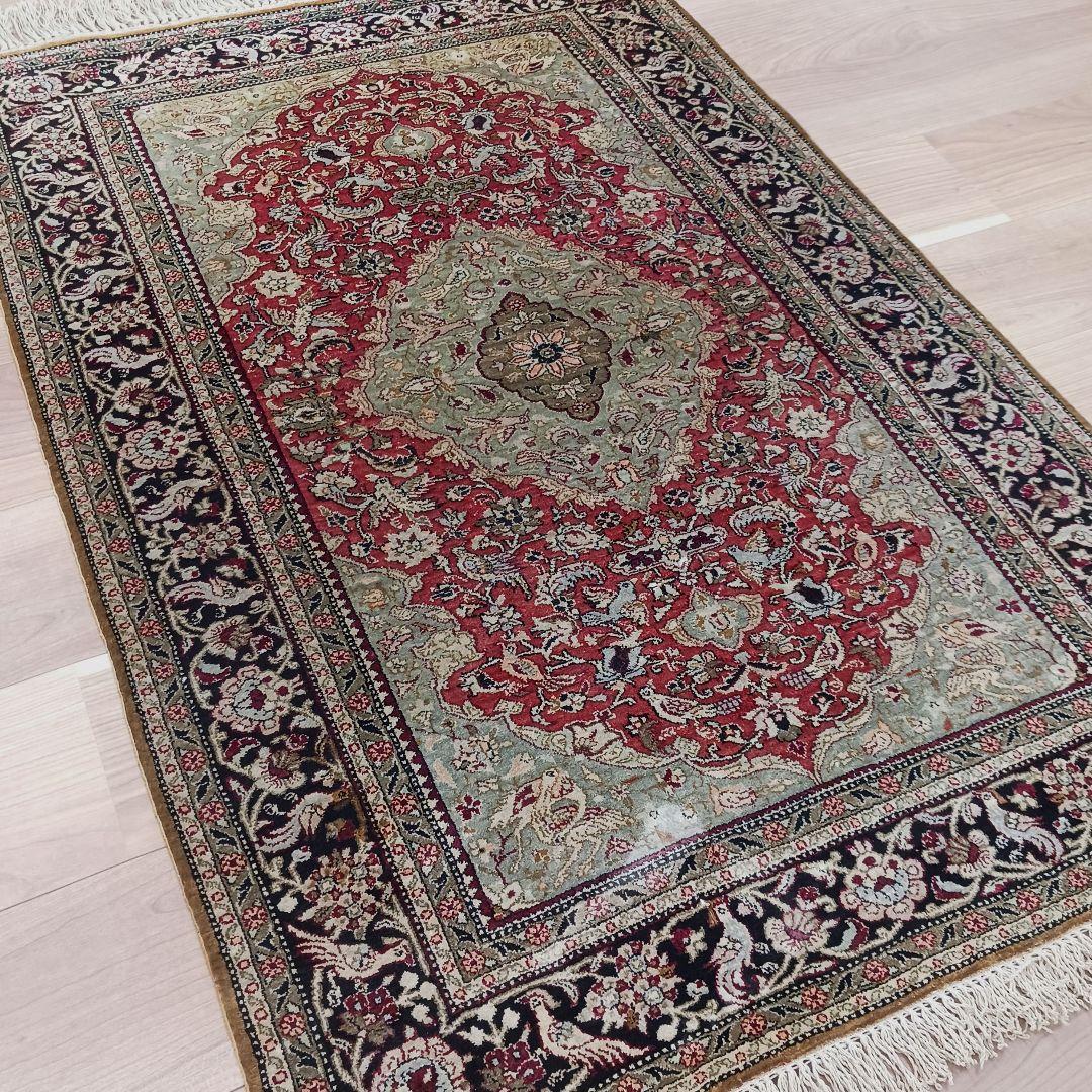 Y3354 高級ペルシャ絨毯 クム シルク100% 手織り メダリオン