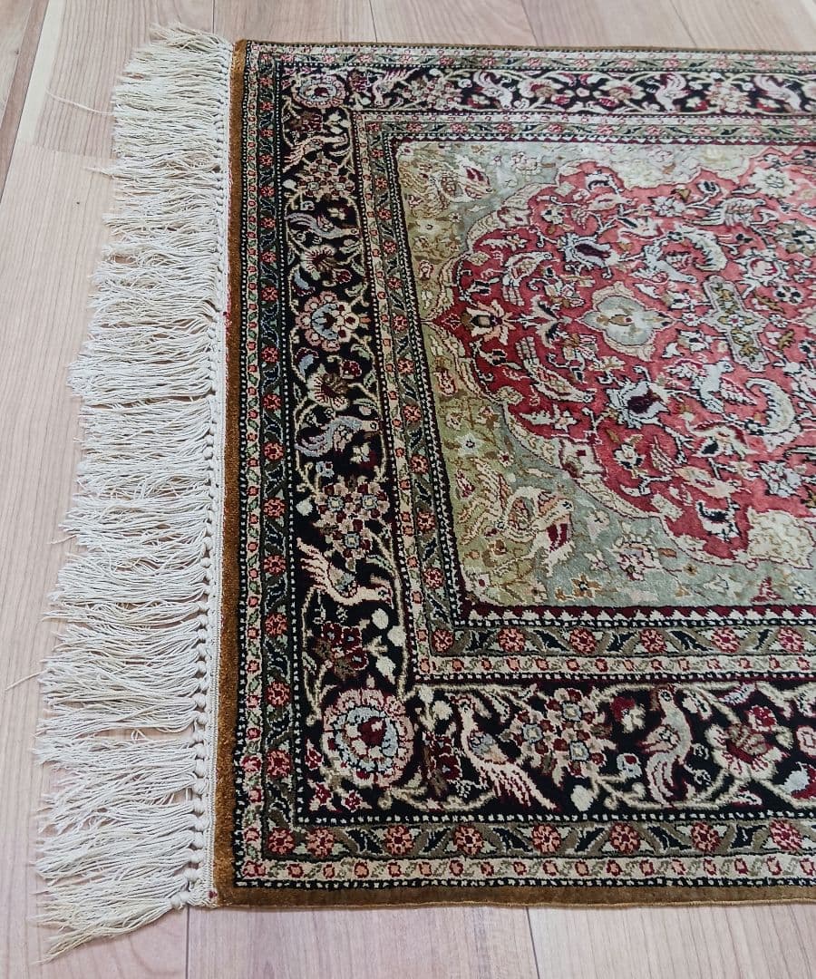 Y3354 高級ペルシャ絨毯 クム シルク100% 手織り メダリオン