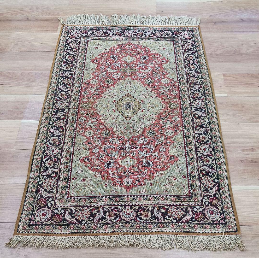 Y3354 高級ペルシャ絨毯 クム シルク100% 手織り メダリオン