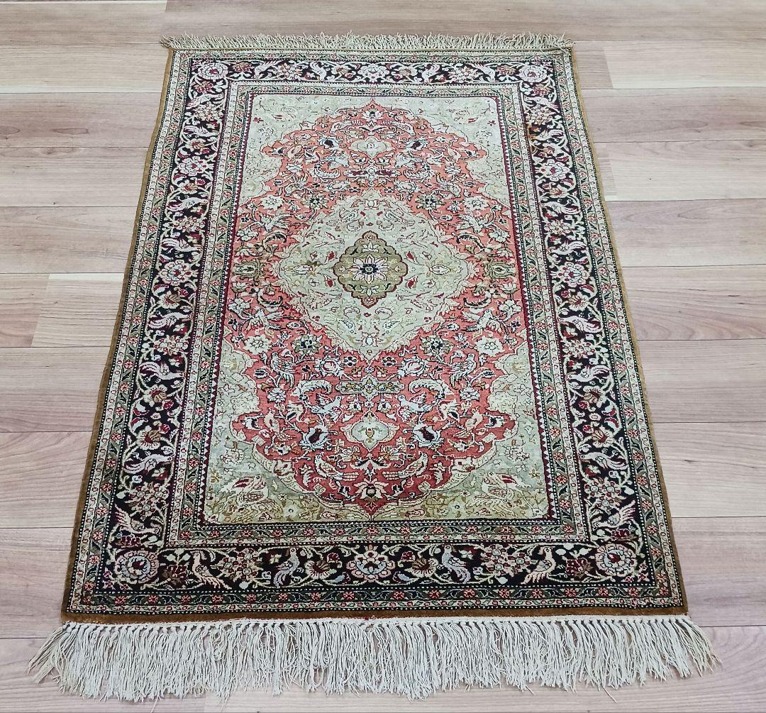 Y3354 高級ペルシャ絨毯 クム シルク100% 手織り メダリオン