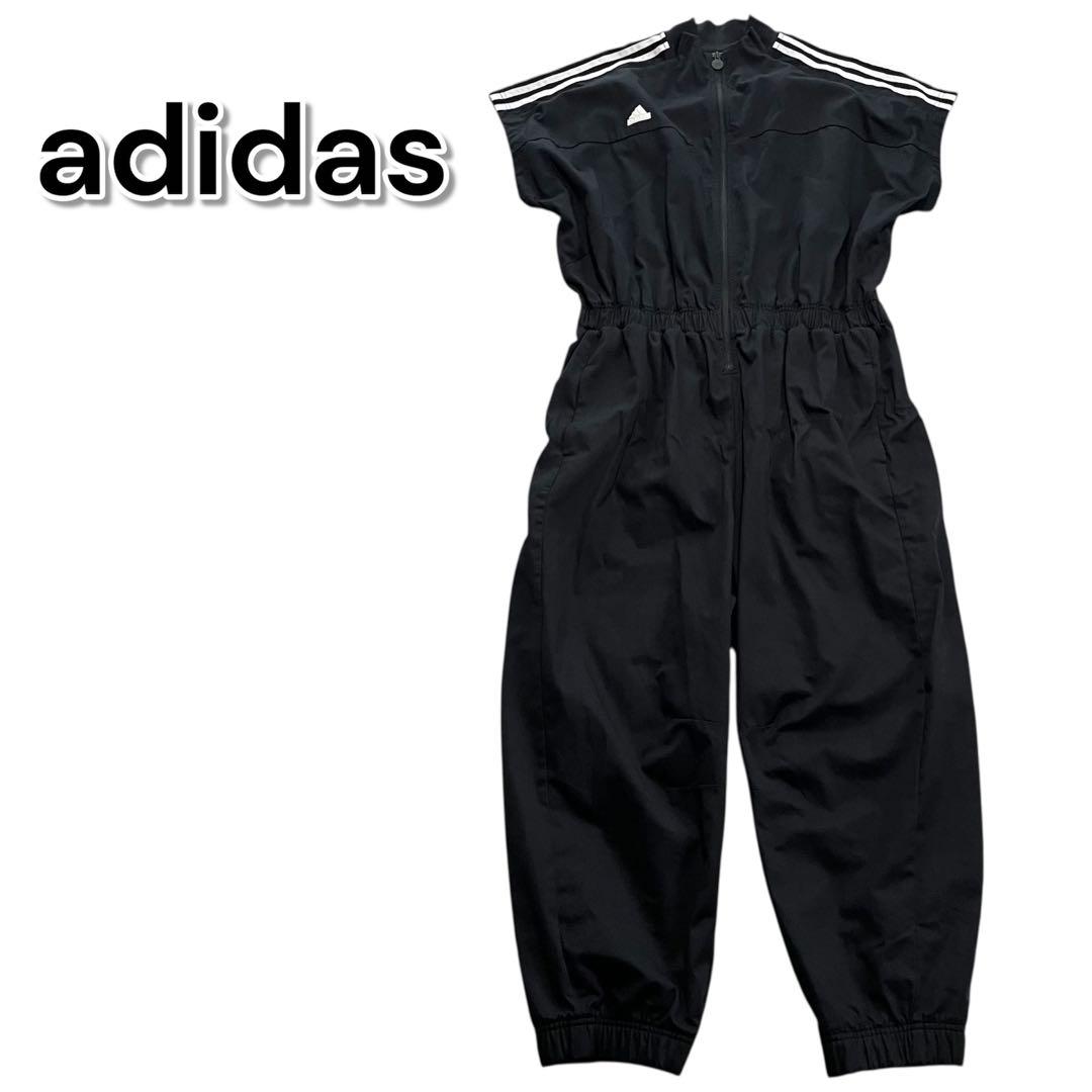 アディダス ジャンプスーツ 半袖 ブラック 黒 ロゴ オールインワン つなぎ