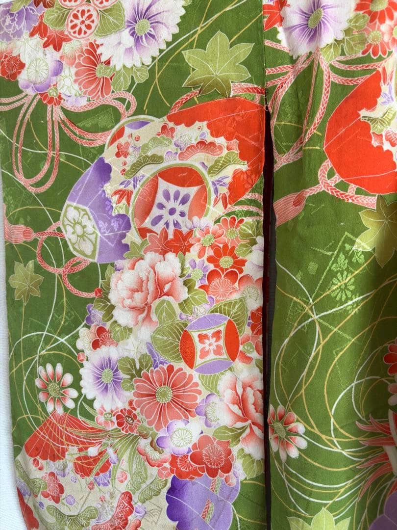 アンティーク　錦紗　子供着物　きみどり　身丈