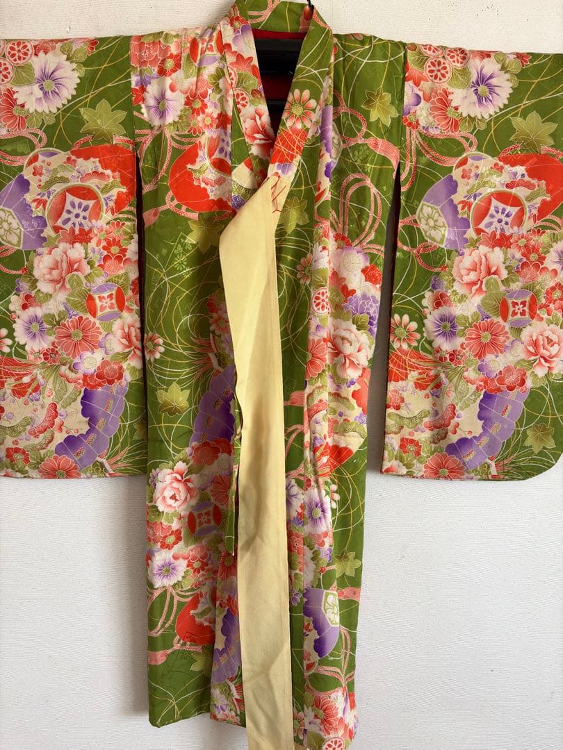 アンティーク　錦紗　子供着物　きみどり　身丈