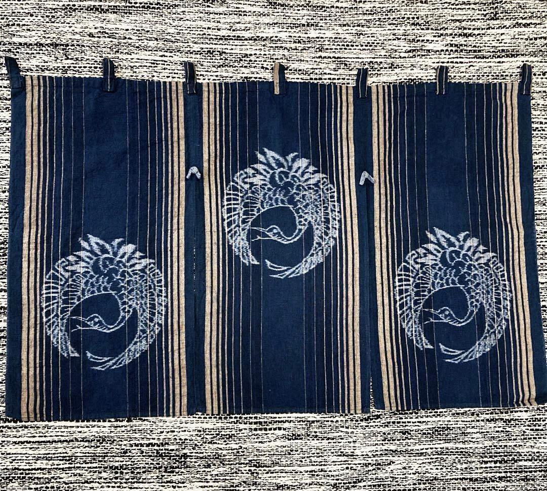 ◇最終価格　 ★希少　レトロな絣の暖簾　「弓浜絣」藍染　鶴