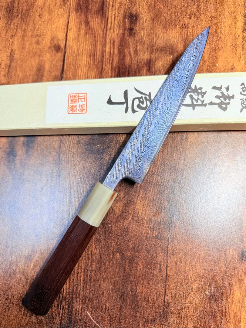 助松　ペティナイフ　AUS8 ダマスカス　包丁　紫檀白水牛八角柄