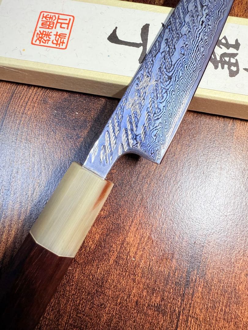 助松　ペティナイフ　AUS8 ダマスカス　包丁　紫檀白水牛八角柄