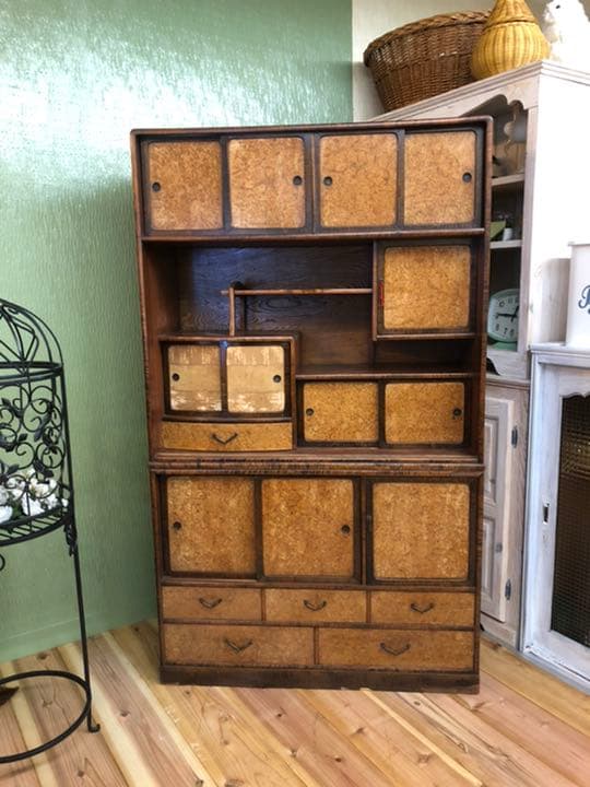 茶箪笥 玉杢 違い棚 多収納 水屋 昭和レトロ インテリア 古道具 木製