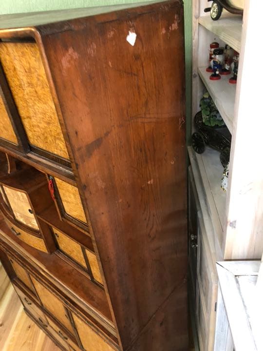 茶箪笥 玉杢 違い棚 多収納 水屋 昭和レトロ インテリア 古道具 木製