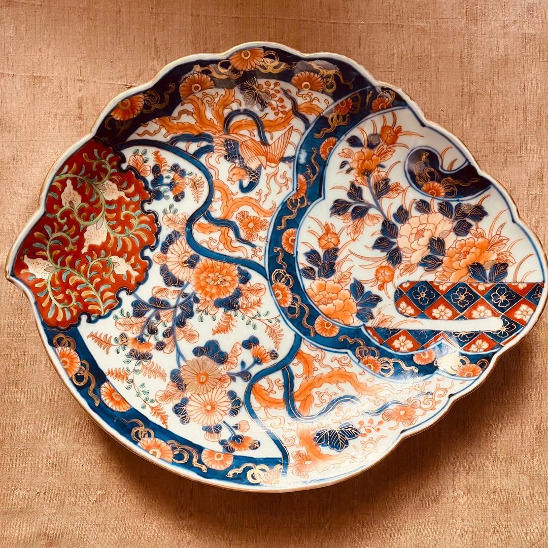 オールド香蘭社　色絵鮑型草花鳳凰図皿　明治　手書き　② アンティーク　古伊万里