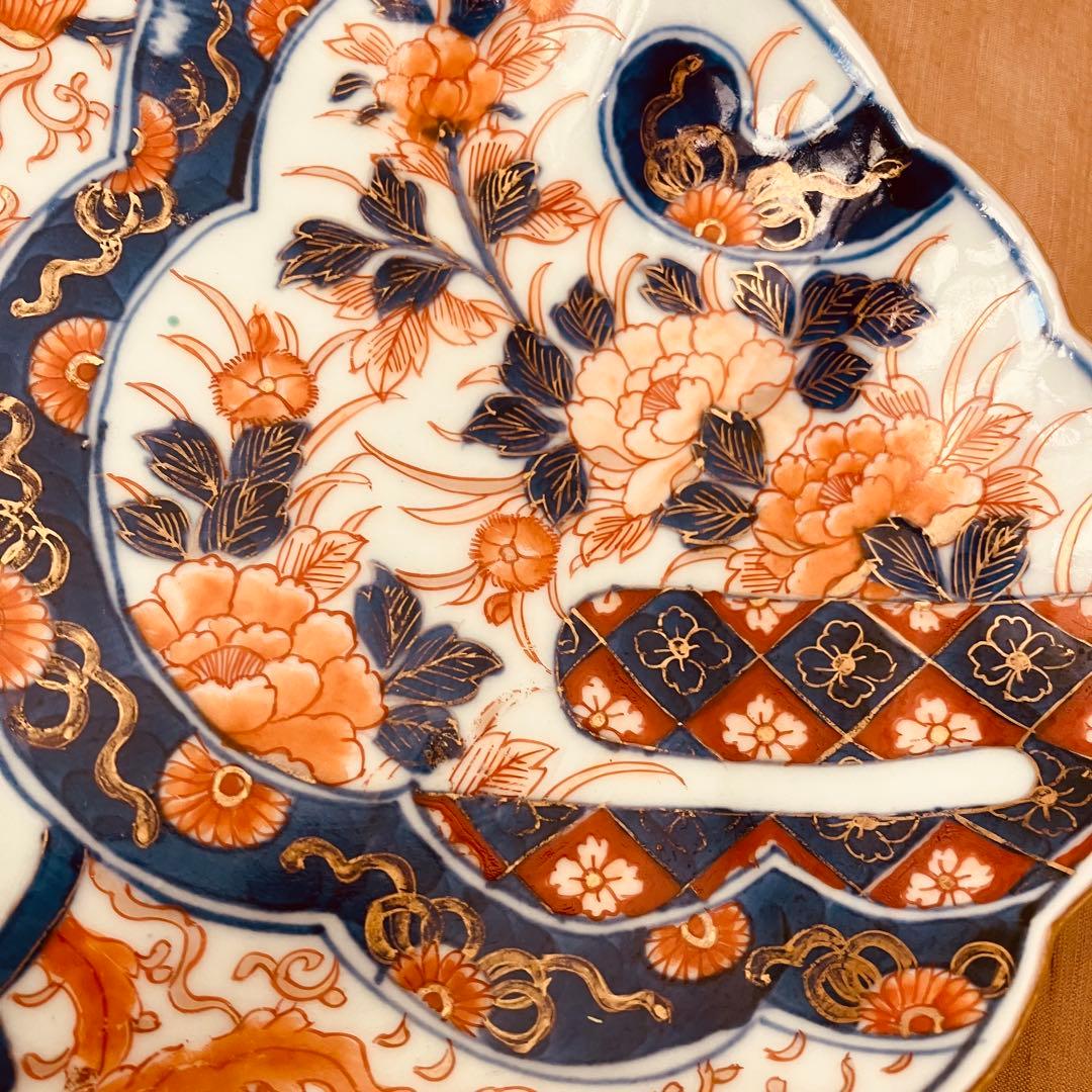 オールド香蘭社　色絵鮑型草花鳳凰図皿　明治　手書き　② アンティーク　古伊万里