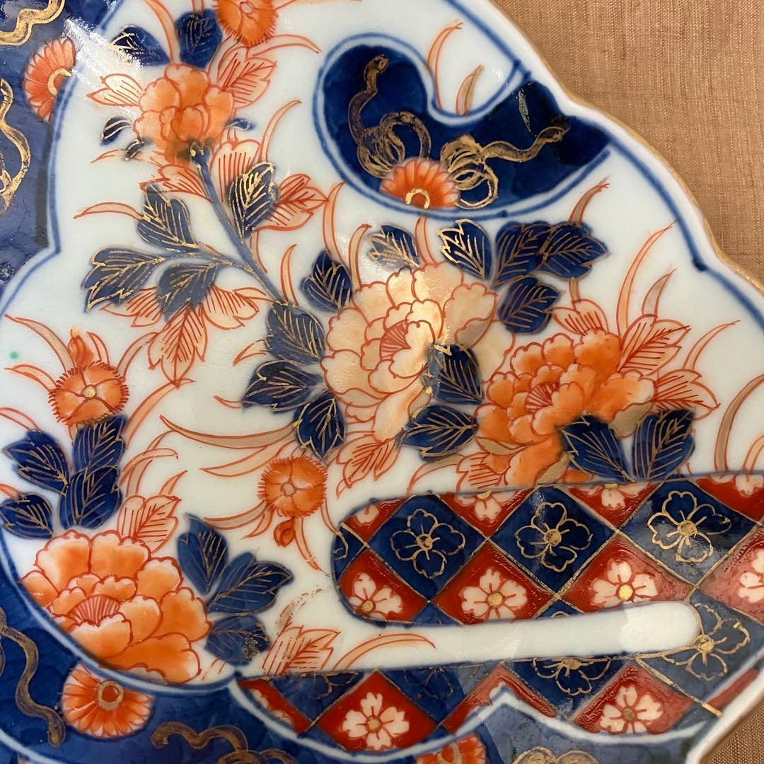 オールド香蘭社　色絵鮑型草花鳳凰図皿　明治　手書き　② アンティーク　古伊万里