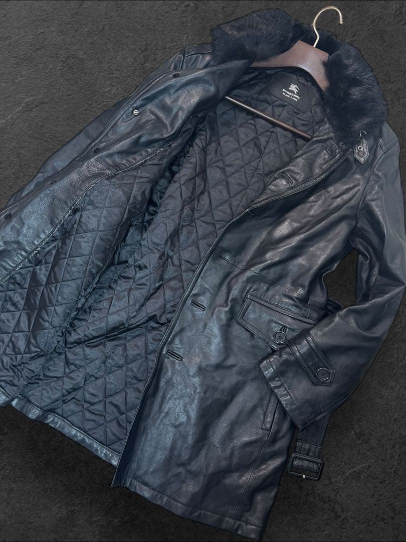 FD02 未使用級Lサイズバーバリーブラックレーベルレザートレンチコート 羊革