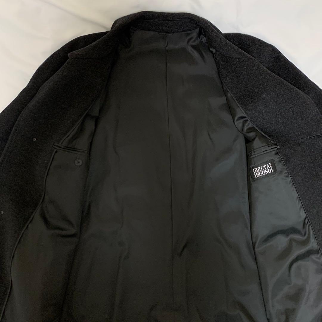 マキシ丈ステンカラーコート　ブラック　ウール生地+カシミヤ混　超ロング丈