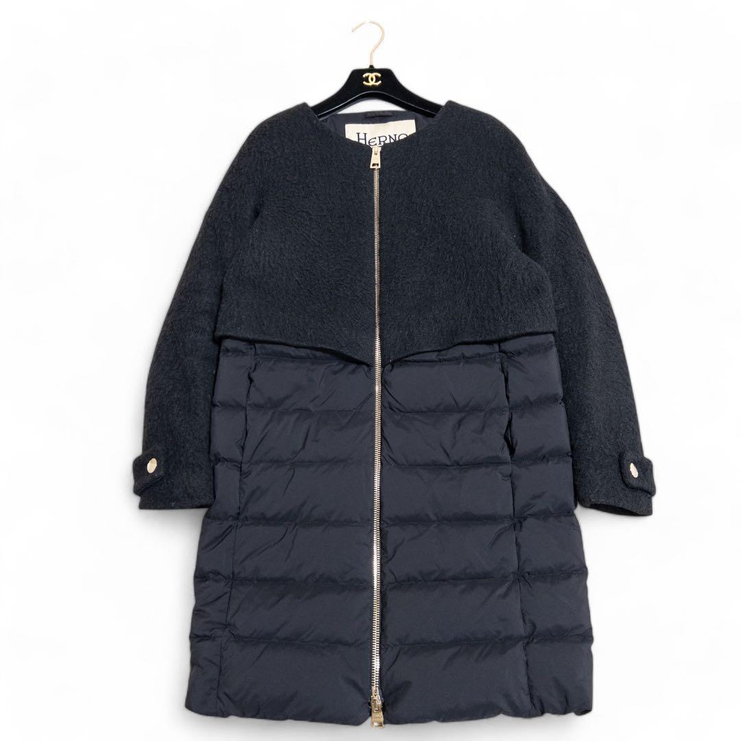 HERNO ノーカラーダウンコートモヘヤ シャギー 異素材 黒 40