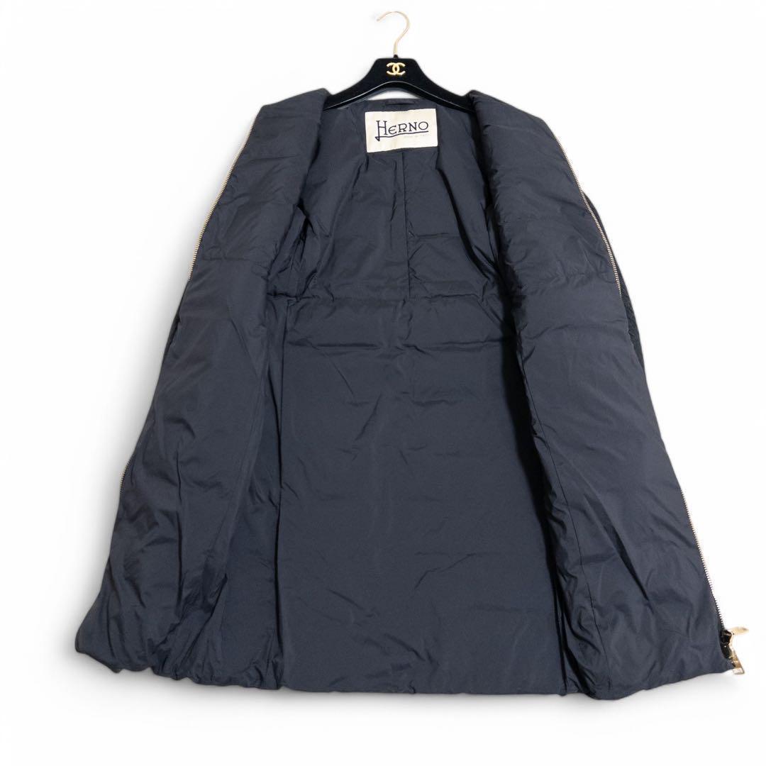 HERNO ノーカラーダウンコートモヘヤ シャギー 異素材 黒 40