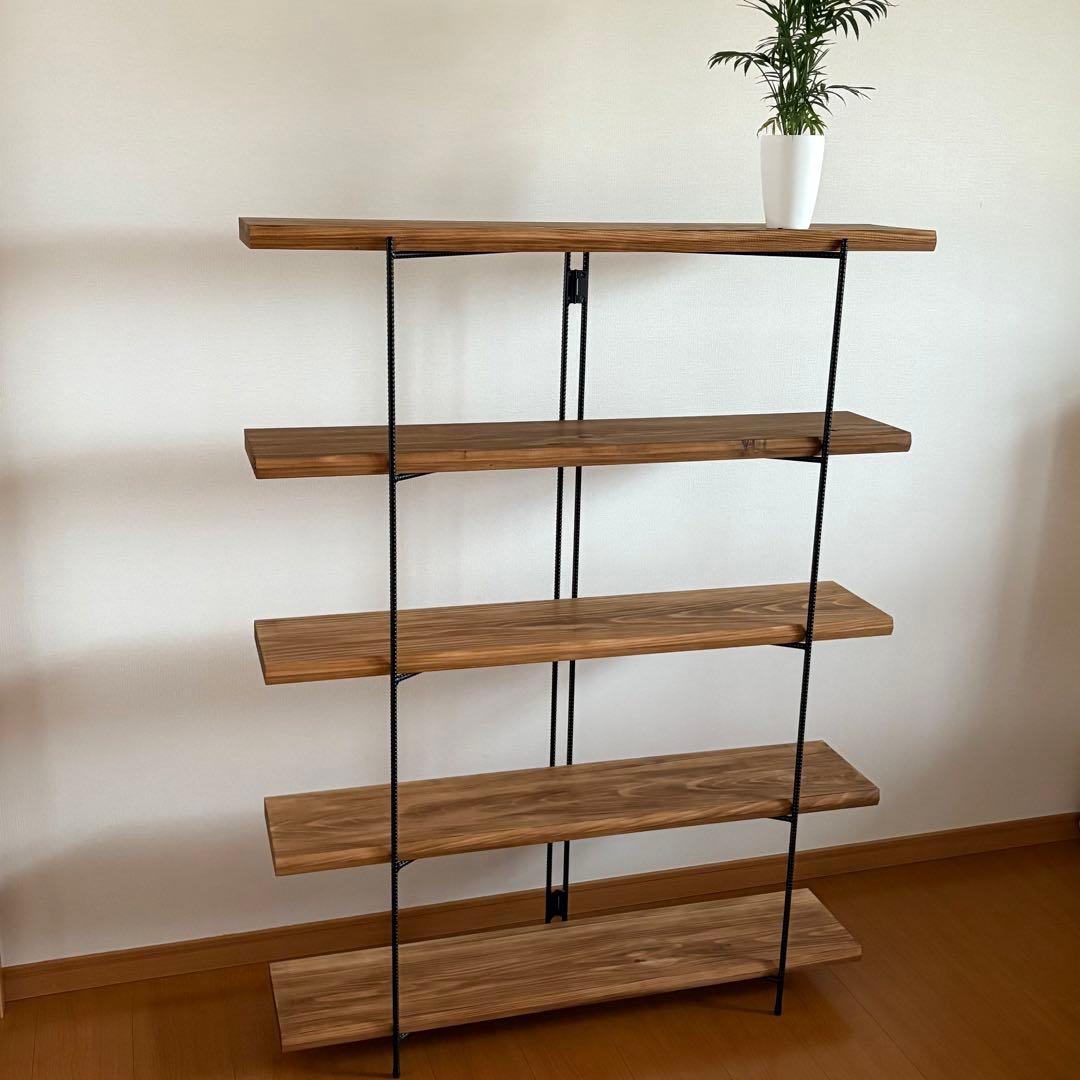 無垢板のオープンシェルフ　5段　折り畳みラック　什器　棚　アイアンラック　飾り棚
