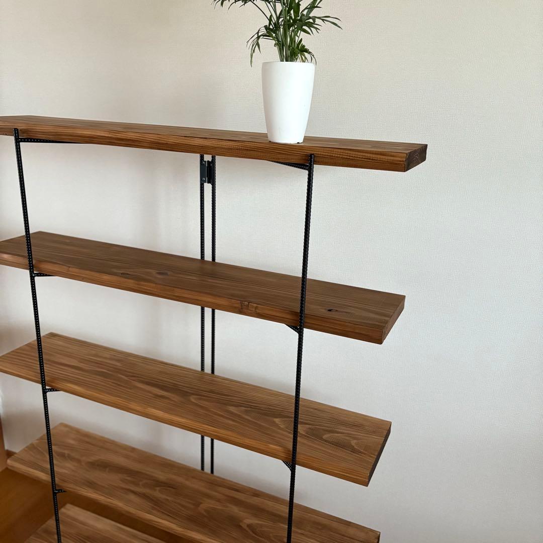 無垢板のオープンシェルフ　5段　折り畳みラック　什器　棚　アイアンラック　飾り棚