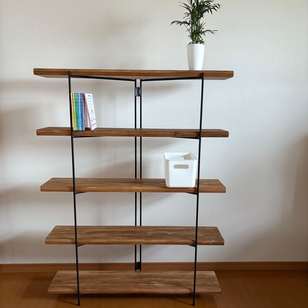 無垢板のオープンシェルフ　5段　折り畳みラック　什器　棚　アイアンラック　飾り棚