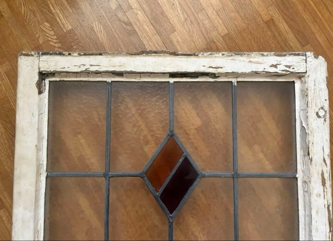 【最終価格】ステンドグラス ダイヤモンド型　窓枠 アンティーク　シャビーシック
