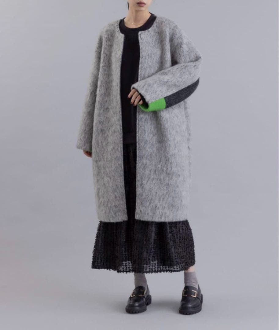 美品＊Eimee Law マーブルシャギーロングコート　ノーカラー　グレー