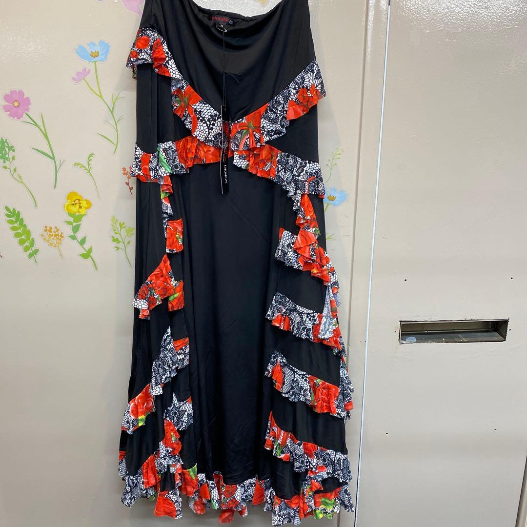 エスパン社交ダンススカート(黒花フリル)