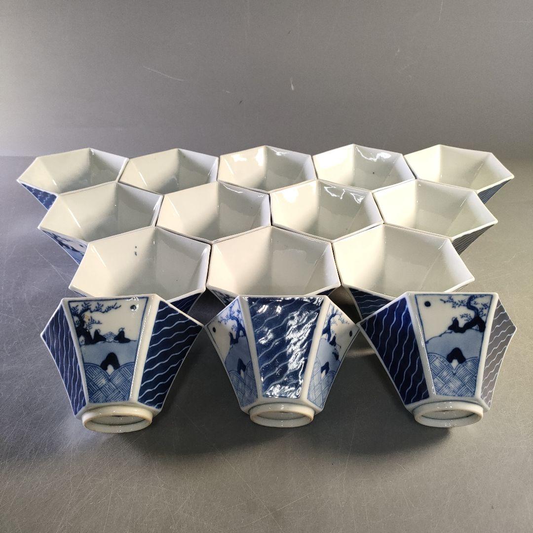 A1283-2/在銘/古伊万里波紋人物図六角小鉢15客/銘々皿/飾鉢/懐石道具/