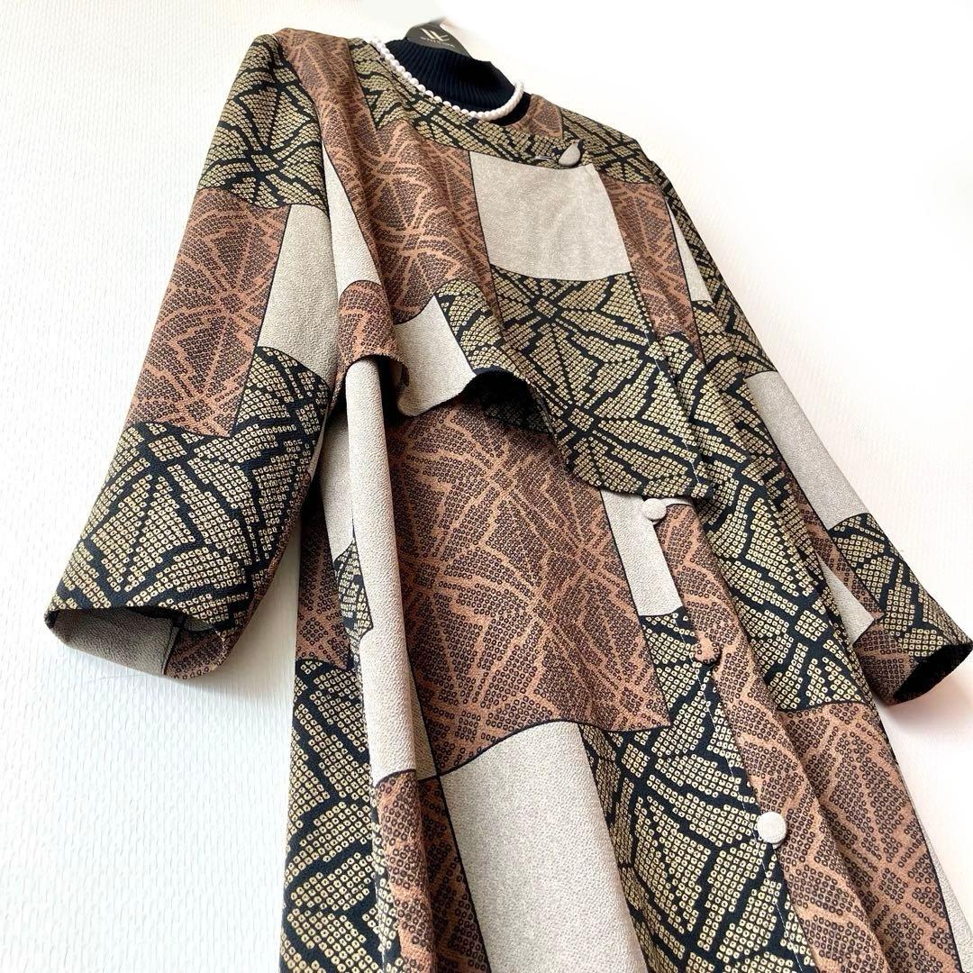 詩仙堂 ちりめんアシメントリーロングコート絞り柄 麻の葉紋様 前開きワンピース