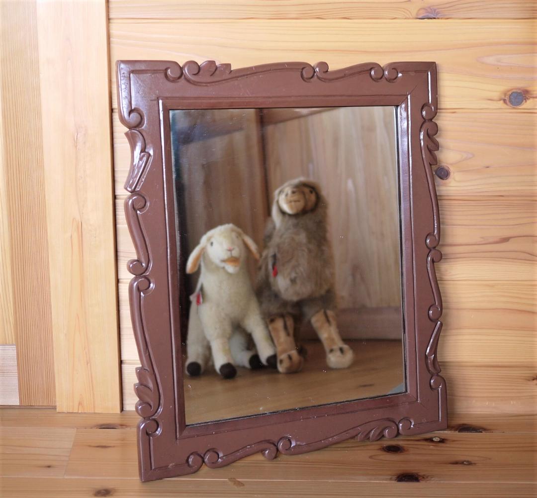 木彫り壁掛け鏡 レリーフウォールミラー 唐木ローズウッド 昭和家具