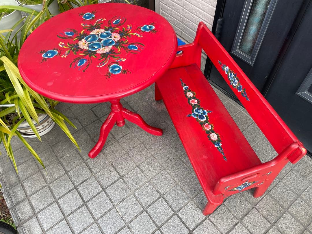 赤　花柄円形サイドテーブル　ヴィンテージ　昭和レトロ　トールペイント　机