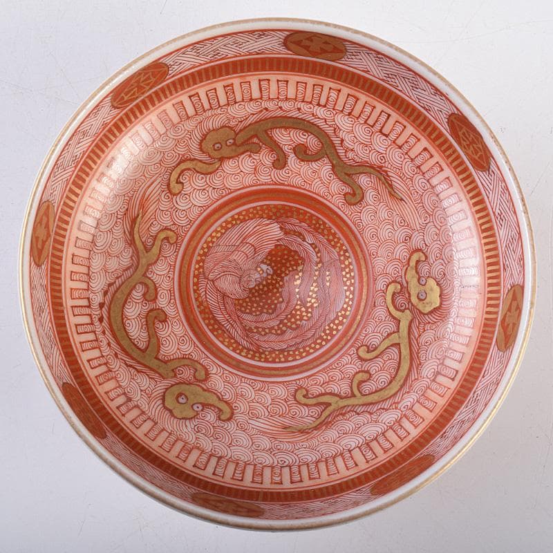 九谷焼　古九谷　赤絵金彩　鳳凰文　盃　一對　時代箱付　D　R8979