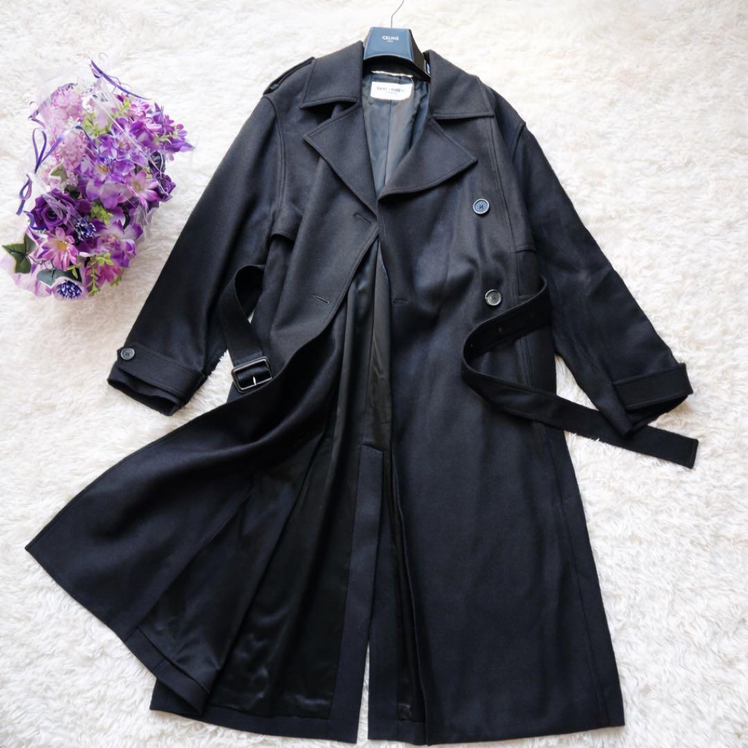 美品　サンローラン パリ カシミアブレンド ロング　トレンチ　コート ブラック