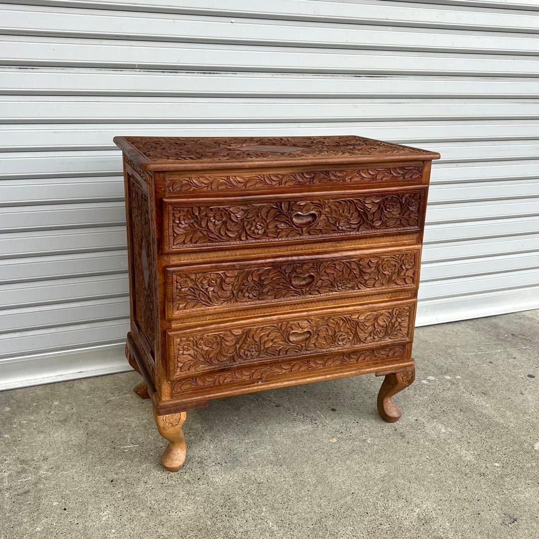 高級 アジアアン アンティーク 彫刻入り木製 引き出し付き