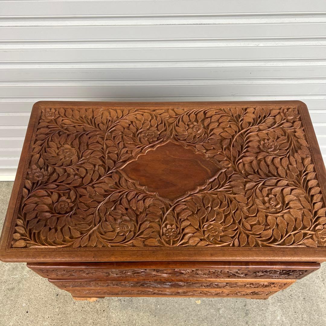 高級 アジアアン アンティーク 彫刻入り木製 引き出し付き