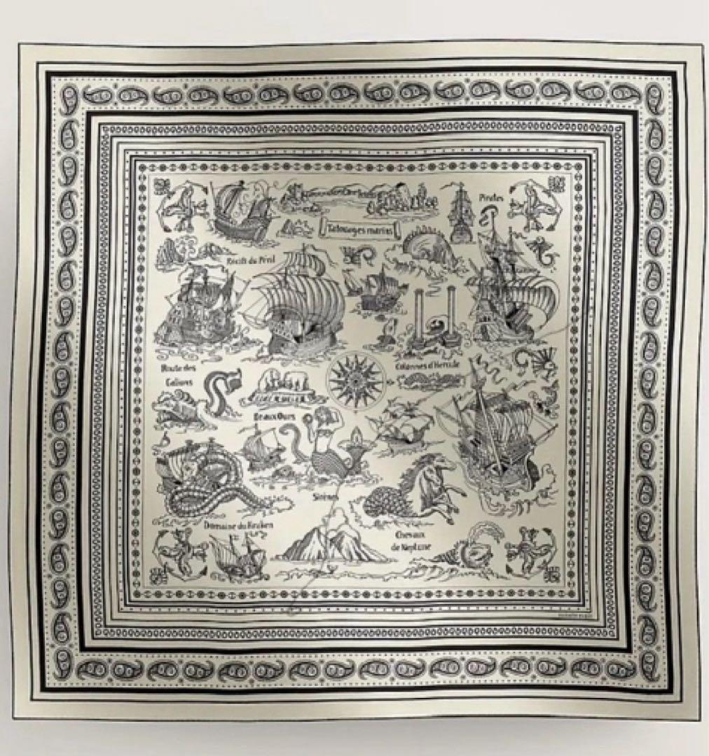 【新品】エルメス　カシシル　カレジェアン　カシミアシルク　バンダナ　黒　白