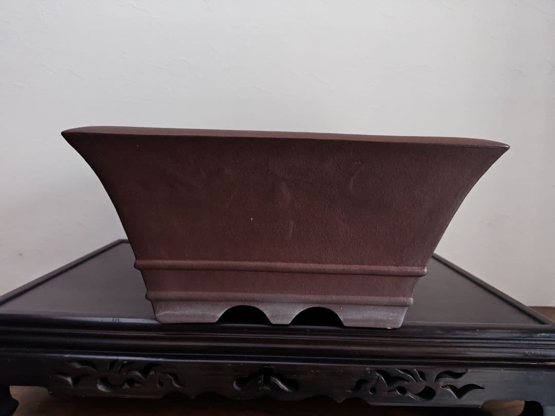 茶色の陶器製長方形盆栽鉢 太山　落款あり　希少　大型