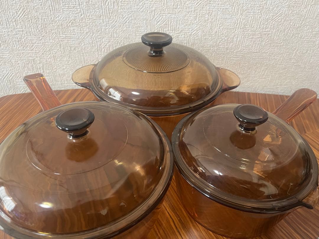 CORNING ガラス製ブラウン鍋3点セット
