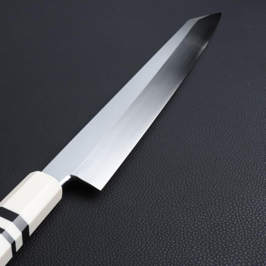 8777切付柳刃包丁 9寸 高光沢度鏡面仕上げ 刺身包丁 人工象牙黒三本巻八角柄