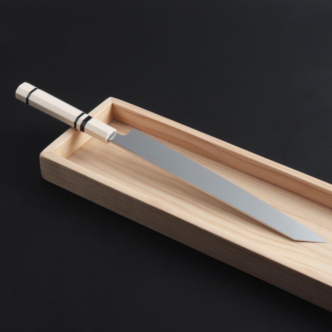 8777切付柳刃包丁 9寸 高光沢度鏡面仕上げ 刺身包丁 人工象牙黒三本巻八角柄